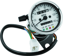Load image into Gallery viewer, Bikers Choice 2.5 Inch Chrome 2:1 Universal Mini Speedo w LED Indicators White Face 140 Mph