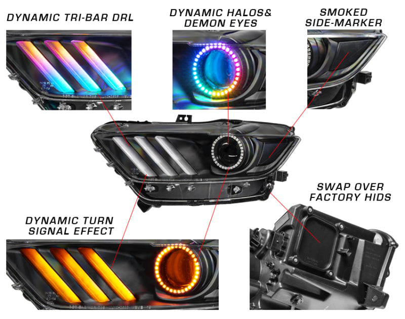 Oracle 15-17 Ford Mustang Dynamic RGB+A Pre-Assembled Headlights - Black Edition - SEE WARRANTY