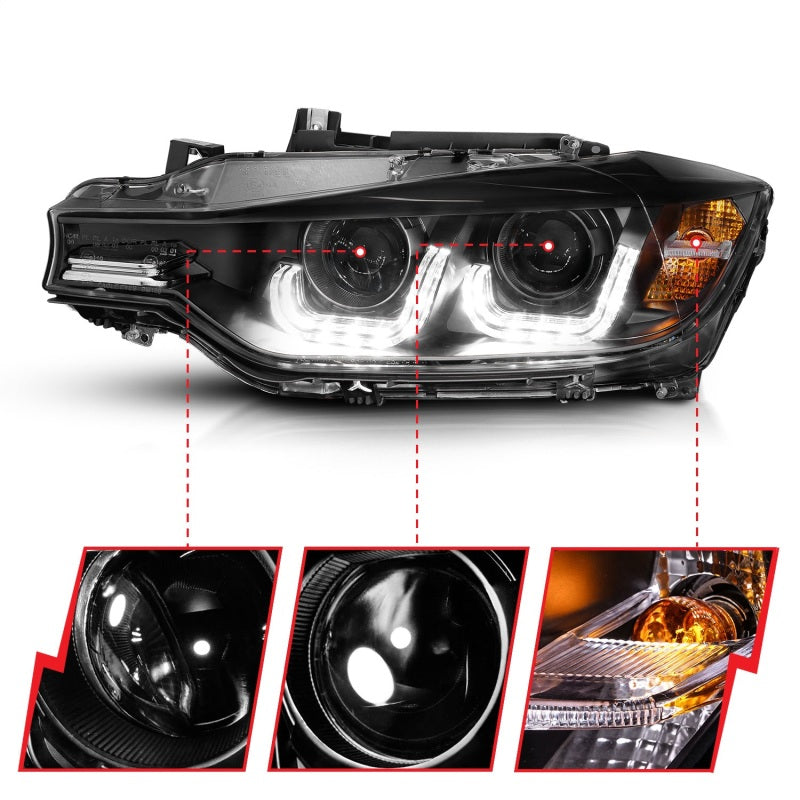 ANZO 2012-2015 BMW 3 Series Projector Headlights w/ U-Bar Black