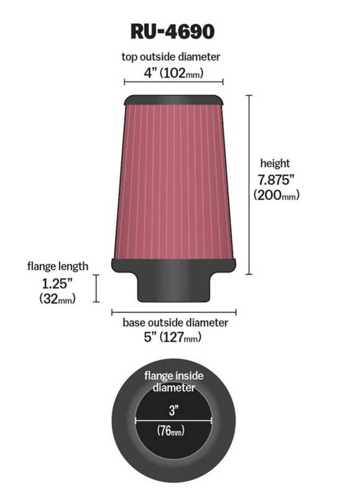 K&N Universal Round Tapered Filter 3 inch FLG / 5 inch Bottom / 4 inch Top / 7 7/8 inch Height