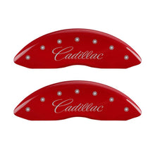Load image into Gallery viewer, MGP 4 Caliper Covers Engraved Front Cursive/Cadillac Engraved Rear CTS Red finish silver ch